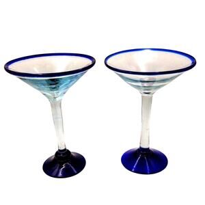 Mexican Hand Blown Martini Glasses Cobalt Blue Rim 6" Tall Vintage 80s Cocktails